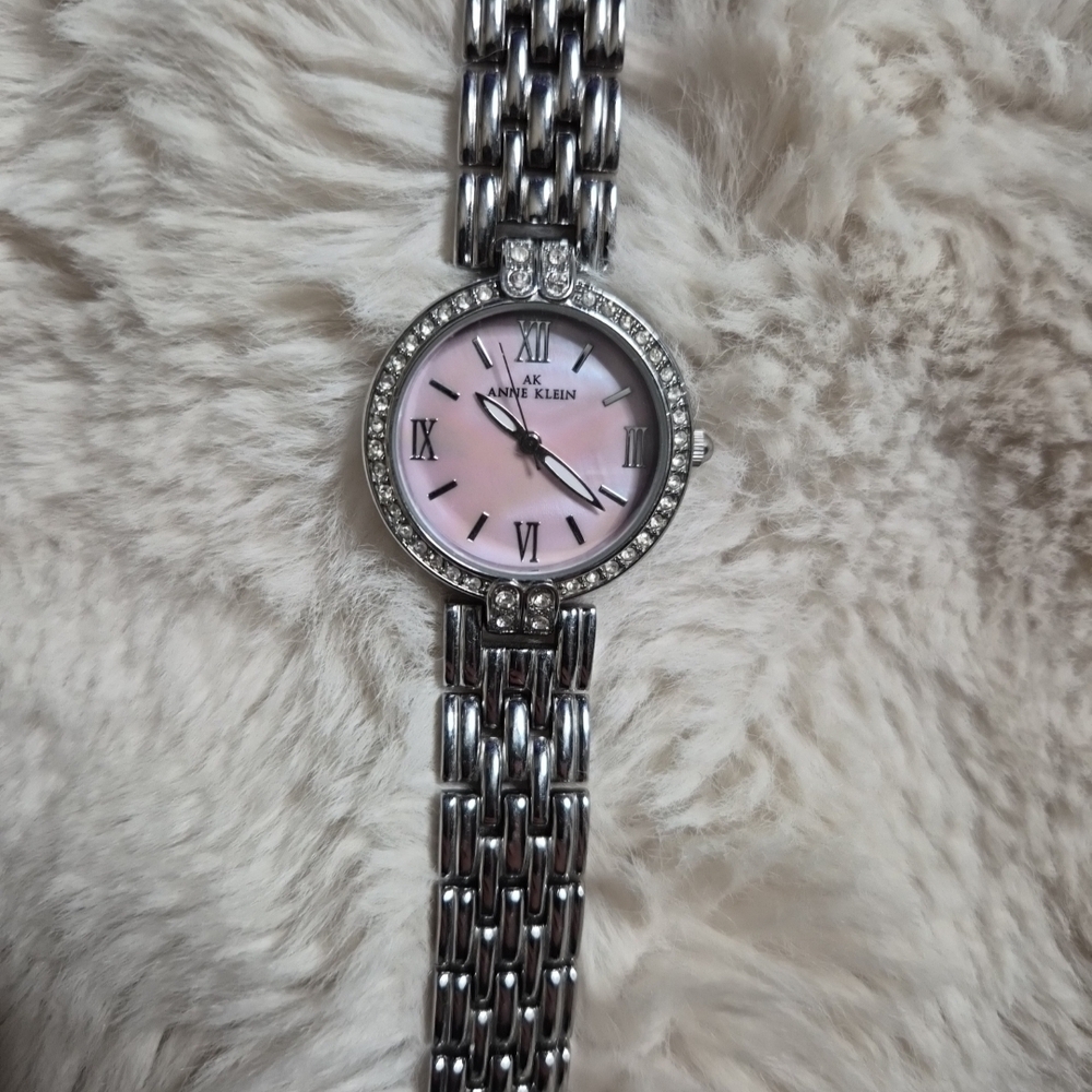 Anne Klein Watch Silver Tone Classic Rhinestones Pastel Pink Face Spring Summer